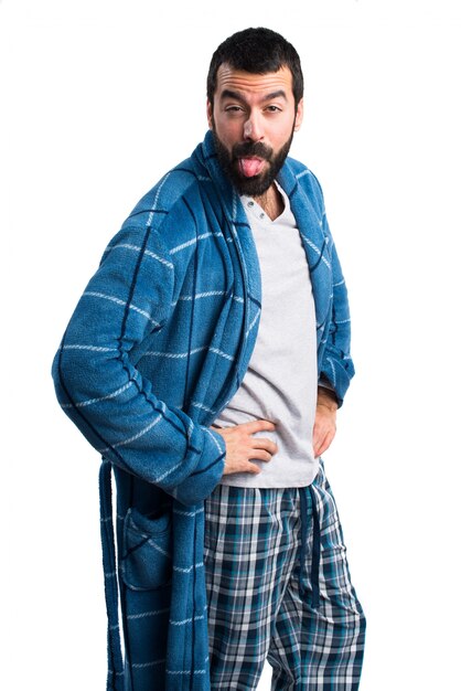 Man in dressing gown doing a joke