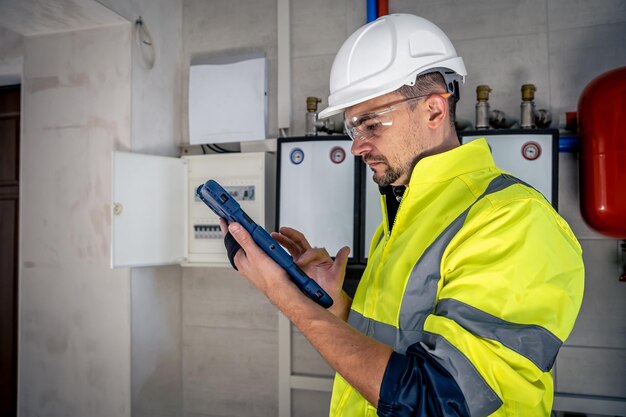 Man an electrical technician working in a switchboard with fuses uses a tablet