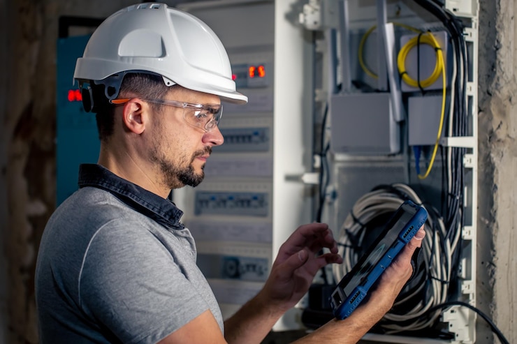 Free Photo man an electrical technician working in a switchboard with fuses uses a tablet