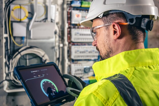 Man an electrical technician working in a switchboard with fuses uses a tablet