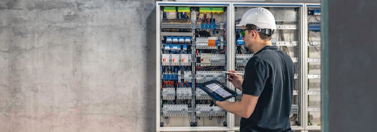 Free Photo man an electrical technician working in a switchboard with fuses