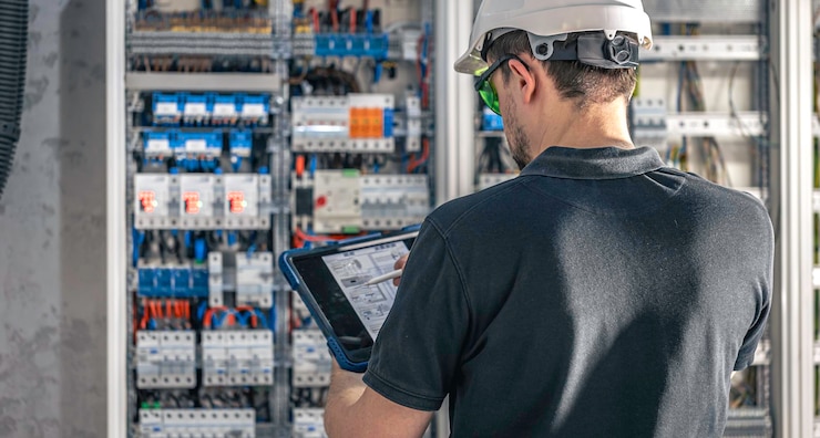 Free Photo man an electrical working in a switchboard with fuses uses a tablet