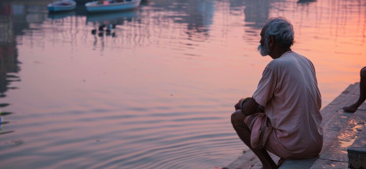 मुफ़्त फोटो a man enjoying a peaceful moment by the ganges river in varanasi india