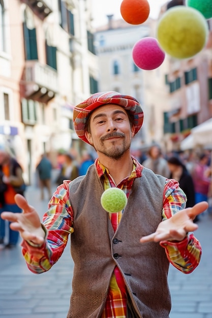 Free photo man enjoying venice carnival juggling