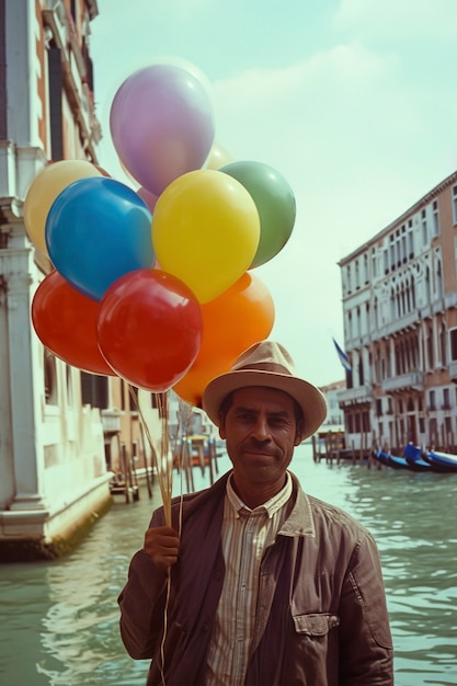 Мужчина наслаждается венецианским карнавалем с воздушными шарами