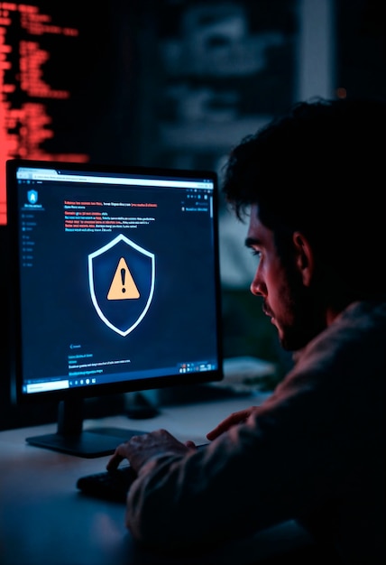 Man facing a computer screen displaying a security warning symbol.