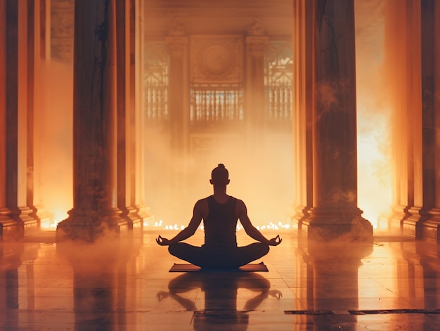 Man in a fantasy setting practicing yoga and mindful meditation