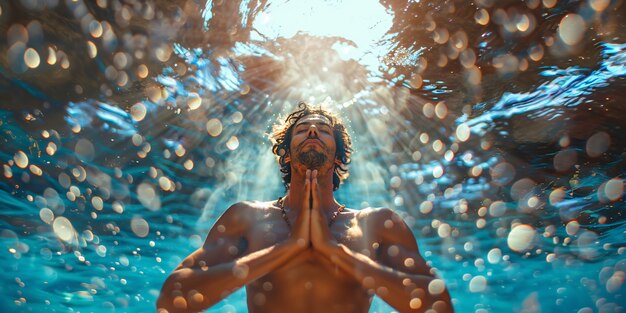 Foto gratuita uomo in un ambiente immaginario che pratica yoga e meditazione consapevole