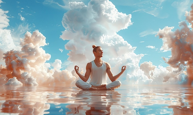 Foto gratuita uomo in un ambiente immaginario che pratica yoga e meditazione consapevole