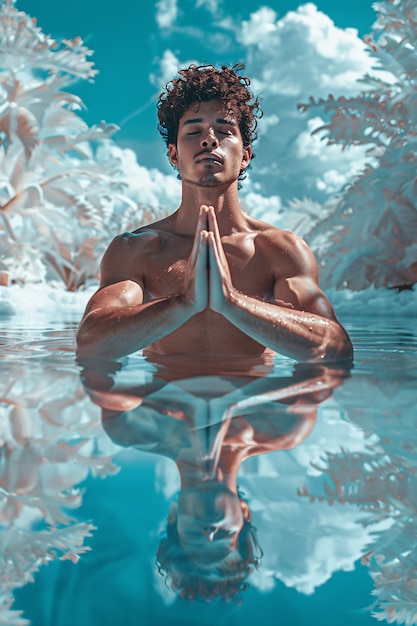 Foto gratuita uomo in un ambiente immaginario che pratica yoga e meditazione consapevole