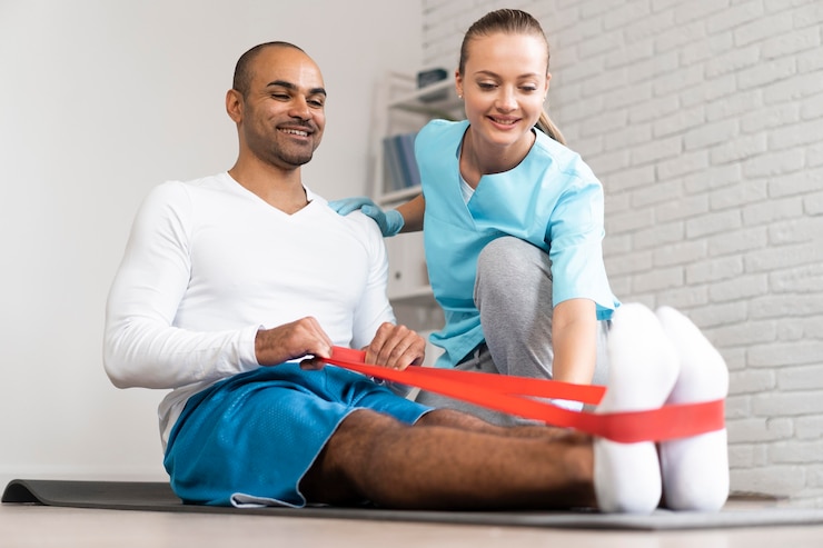 Free Photo man and female physiotherapist doing exercises with elastic band