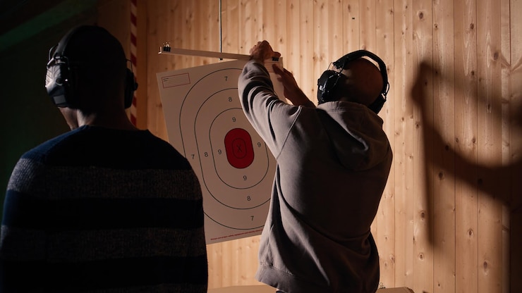 Free Photo man in firing range doing shooting sport looking at results on paper target