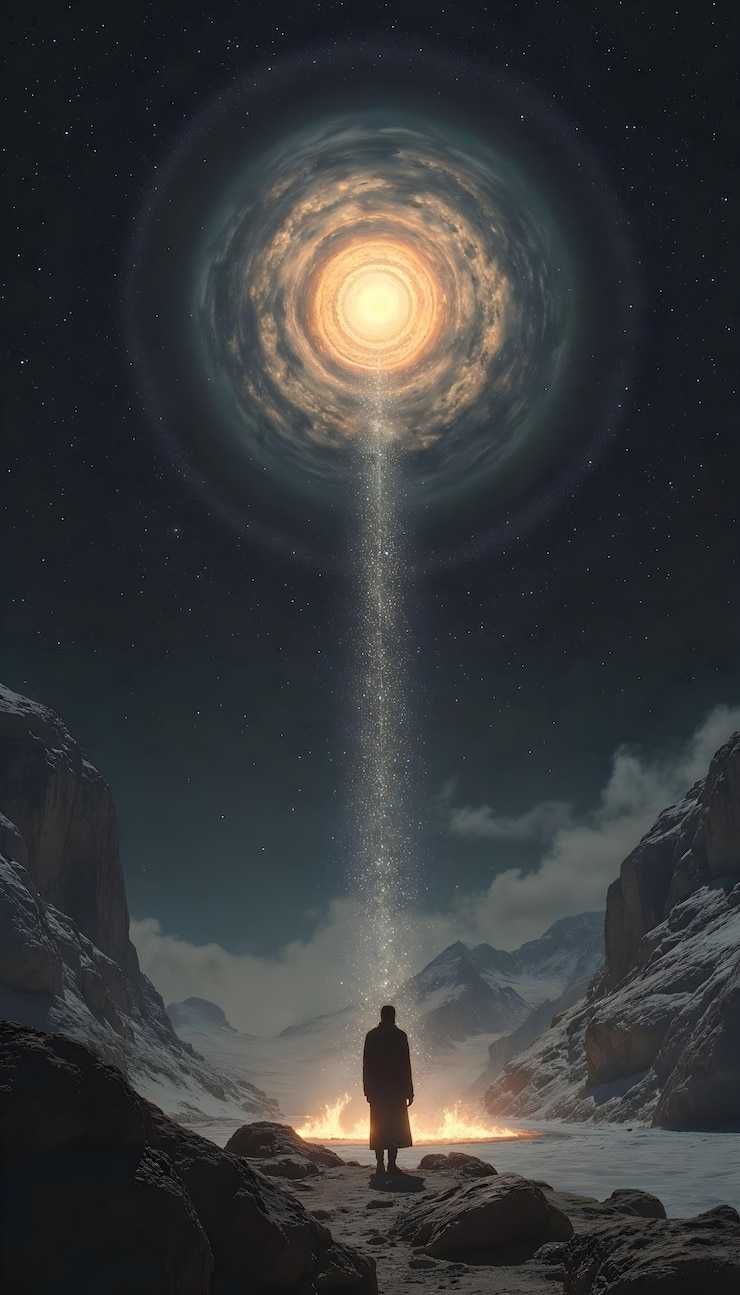 Free Photo man gazing at a celestial portal