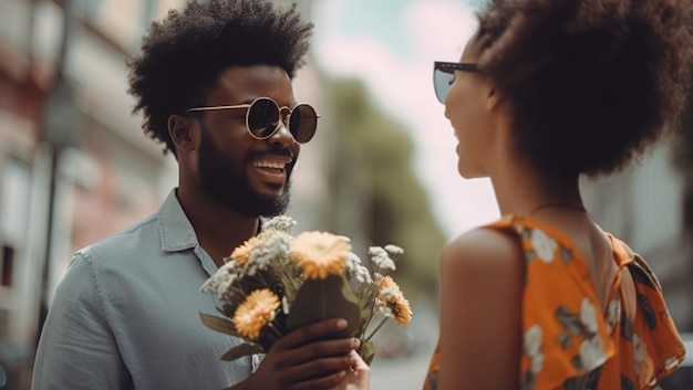 Free photo a man gives a girl flowers created with generative ai technology