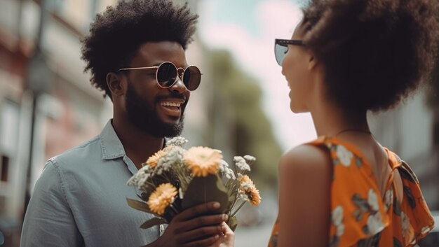 Мужчина дарит девушке цветы, созданные с помощью технологии Generative AI
