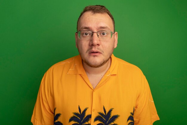 Man in glasses and hawaiian shirt  confused and very anxious standing over green wall