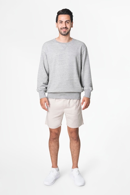 Man in gray basic sweater with design space casual apparel full body