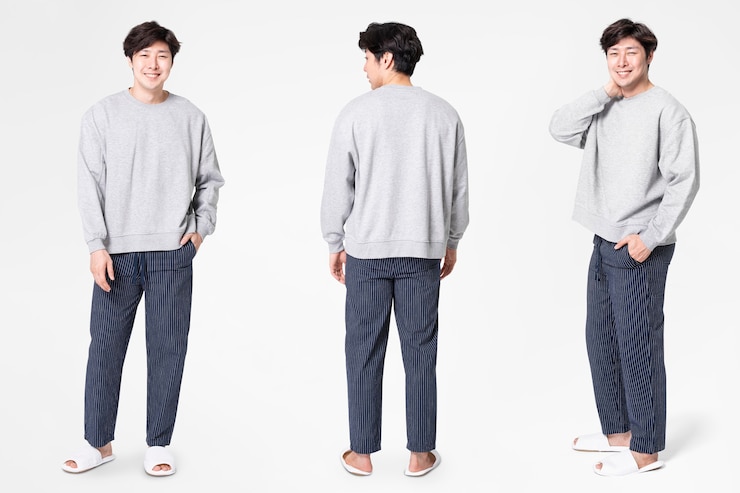 무료 Photo 회색 스웨터와 바지 잠옷 의류 남자