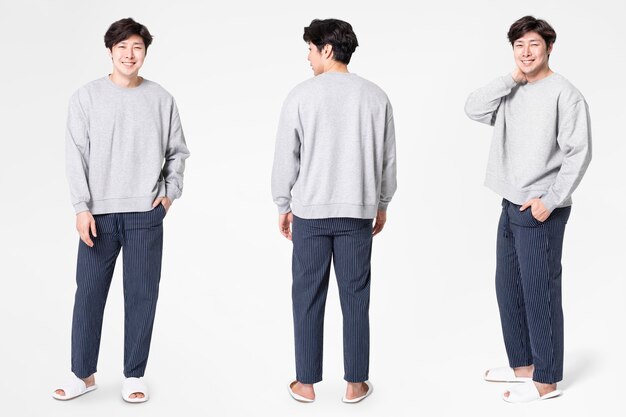 Man in gray sweater and pants sleepwear apparel