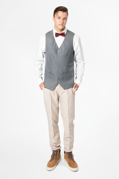 Man in gray vest suit and bow tie men's formal attire full body