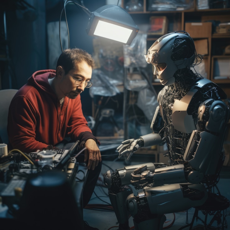 Free Photo man hanging out with robot