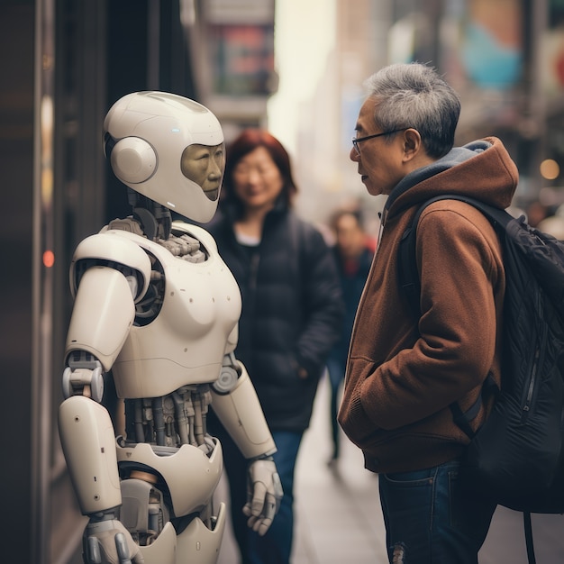 Бесплатное фото Человек, гуляющий с роботом.