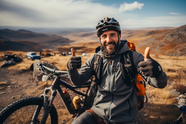 Free photo man having an adventurous experience while riding his bike