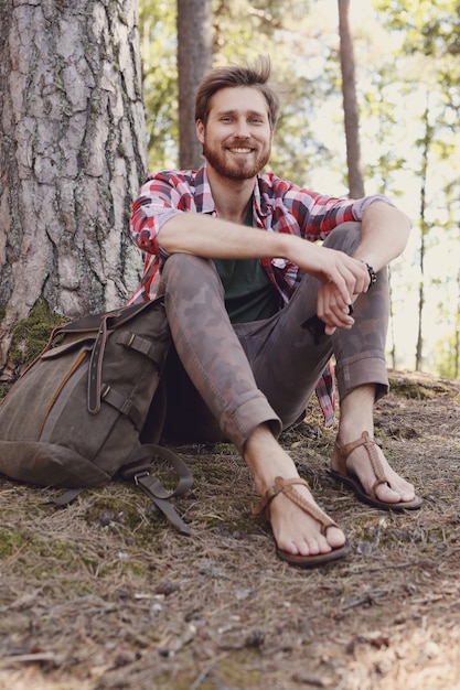 man hiking in forest