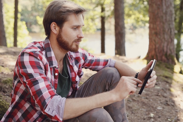 man hiking in forest