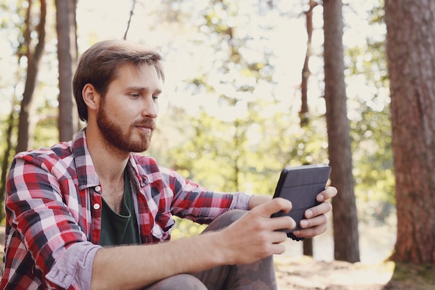 man hiking in forest