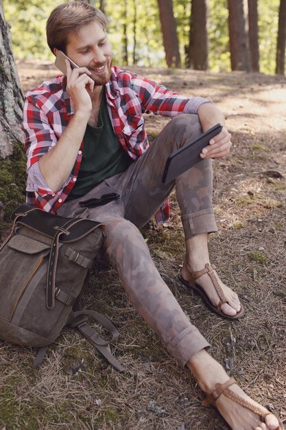 man hiking in forest