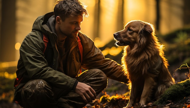 人工知能が生成した遊び心のある秋の日を楽しむ男性と犬