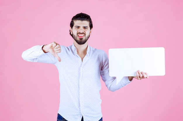 Man holding a blank rectangulat thinkboard dislike it. 