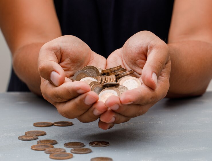 Free Photo man holding coins in palm.