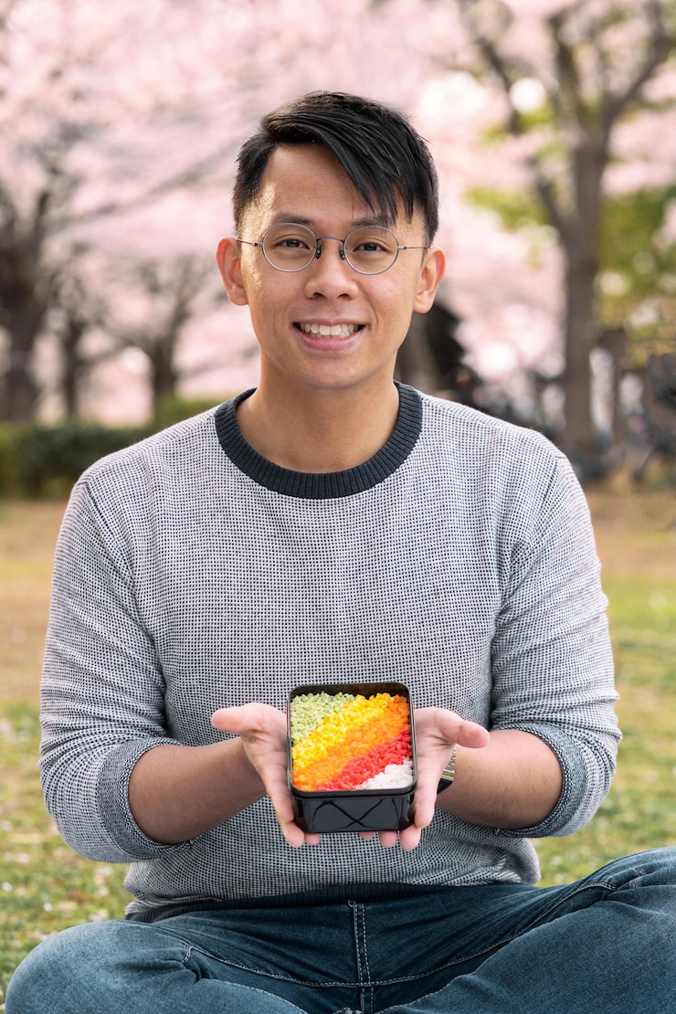 Free Photo man holding a colorful dessert