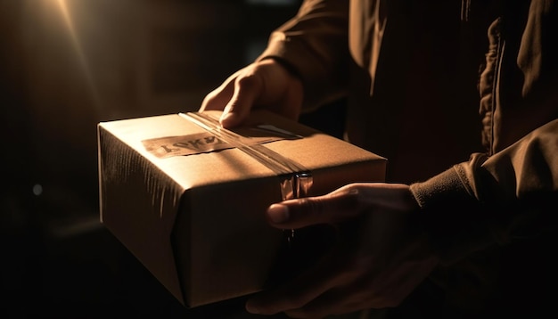 Man holding gift box giving to recipient generated by AI