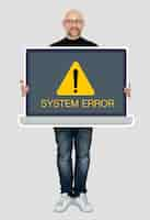 Free photo man holding a laptop with a system error