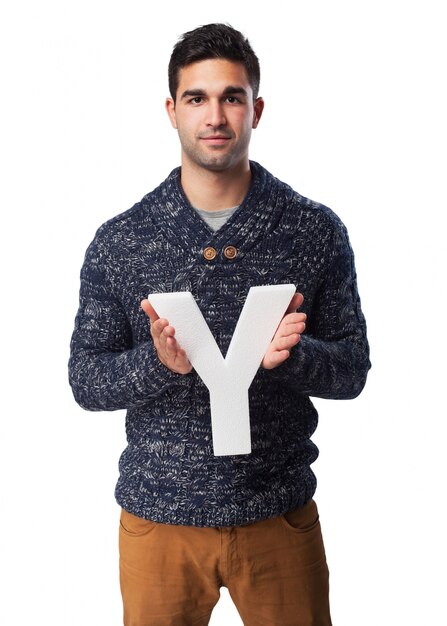 Man holding the letter "y"