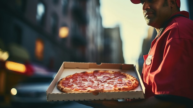 Man holding new york city pizza box