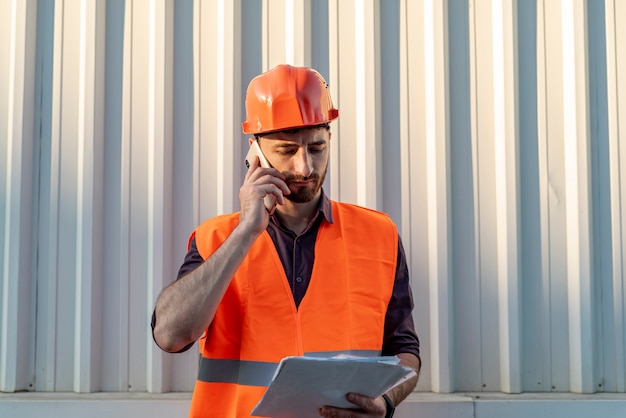 Man holding schematics and talking on phone