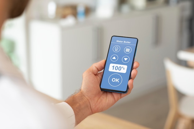 Man holding a smartphone with a home automation app