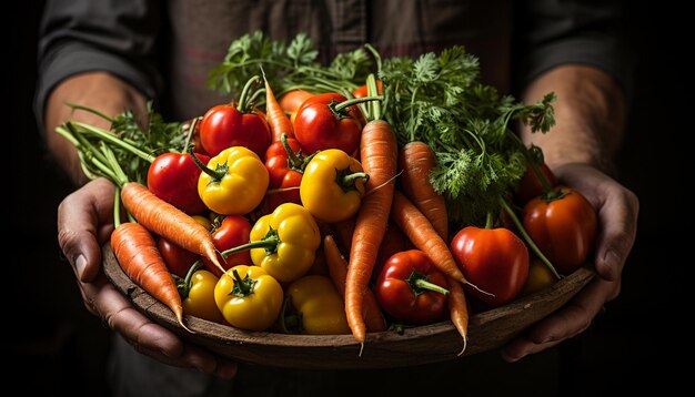 Free photo a man holds a basket of fresh organic vegetables generated by artificial intelligence