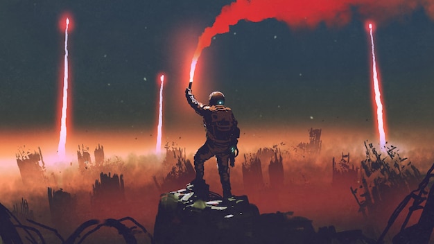 Man holds a red smoke flare up in the air and standing against the apocalypse world, digital art style, illustration painting
