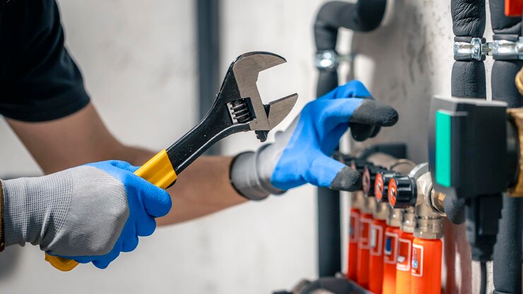 Free Photo a man installs a heating system in a house and checks the pipes with a wrench
