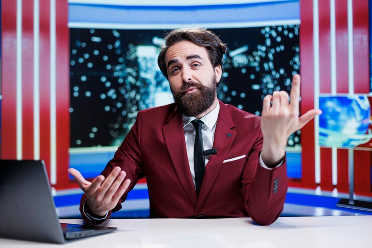 Man journalist presenting breaking news live on television program, working in global communications industry. Media presenter doing news report on daily events and occurences.