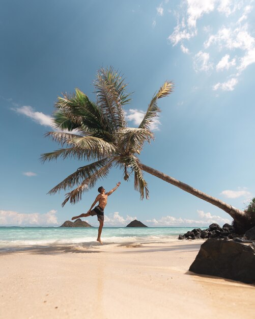 Man jumping toward the bending palm in the seashore
