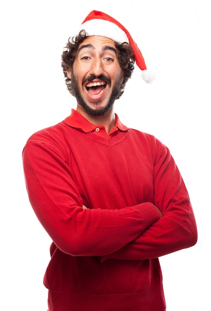 Man laughing with santa's hat