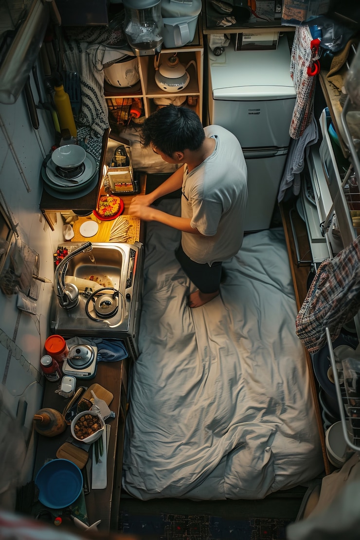 Free Photo man living in tiny house