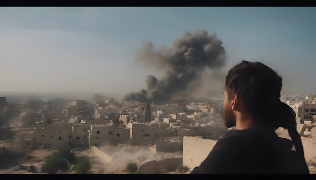 無料写真 煙突から煙が出てくる街の廃墟を見ている男
