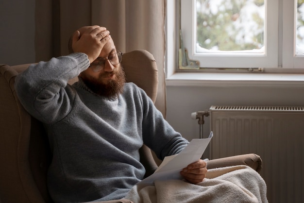 Foto gratuita uomo che guarda fattura durante la crisi energetica